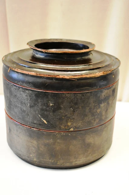 Antique Burmese Lacquerware Lunch Box Storage Container Black Collectibles Rare" 2