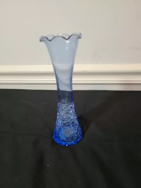 Pilgrim Crackle Glass Blue Bud Vase Vintage Mid Century 7 Inch