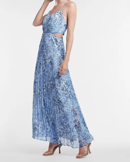 New Express $118 Blue Printed Side Cutout Maxi Dress Sz L Large