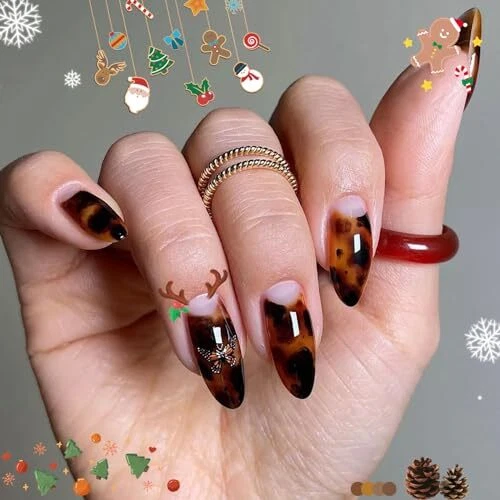 Press On Nails Short Almond,  Brown Amber Fake Nails Medium A Half Moon Amber