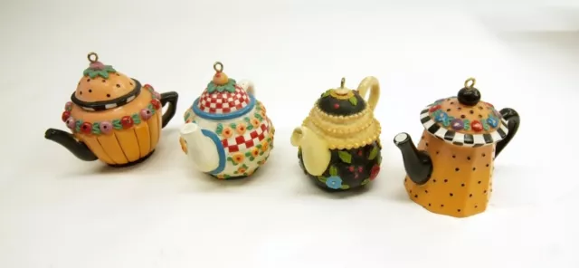 Lot of 4 Vintage Mary Engelbreit Resin Mini Teapot Christmas Ornaments Pre-owned