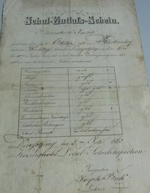 Werktagsschule DINGOLFING: Zeugnis 1863 für Jakob SCHAMBECK (* 1850 Stadtimhof)