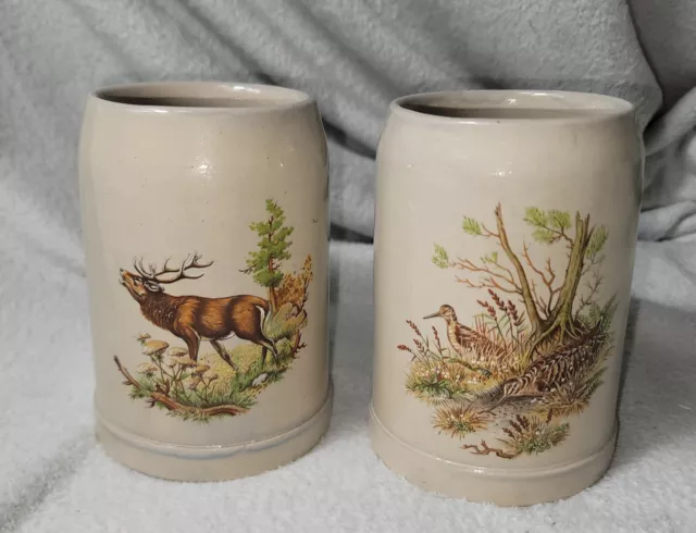 Vintage Pair B M Triangle West Germany 0.5L Elk / Duck Mtn Beer Stein Stoneware