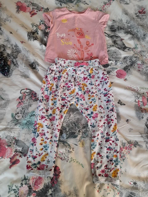 Girls Outfit 5-6 Years Grey Flower Trousers + Pink Bird Top