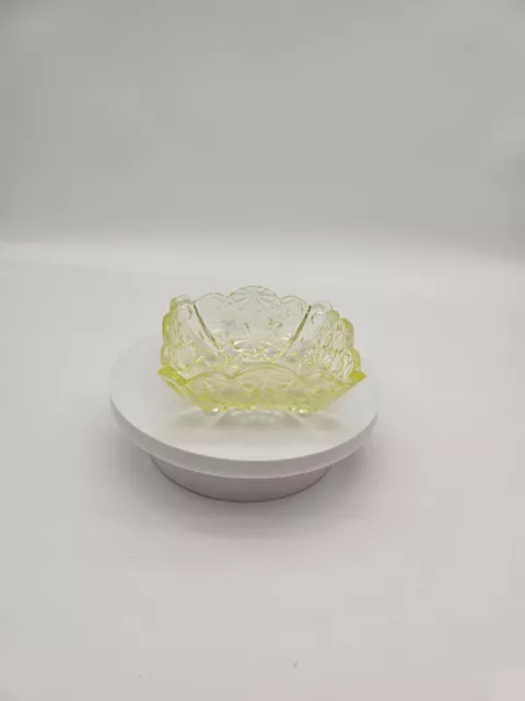 Vintage EAPG Vaseline Glass Daisy And Cross Pattern Trinket Dish Glows