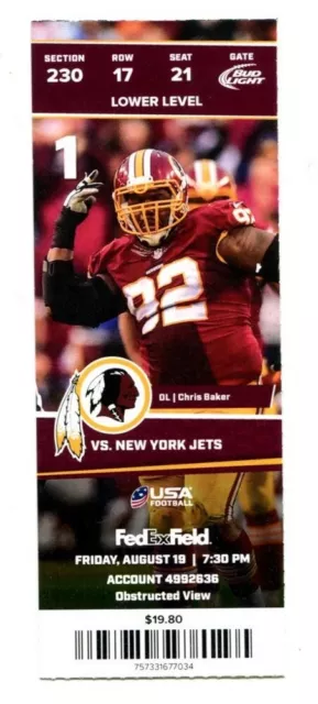 2016 New York Jets @ Washington Redskins 8/19/2016 Ticket