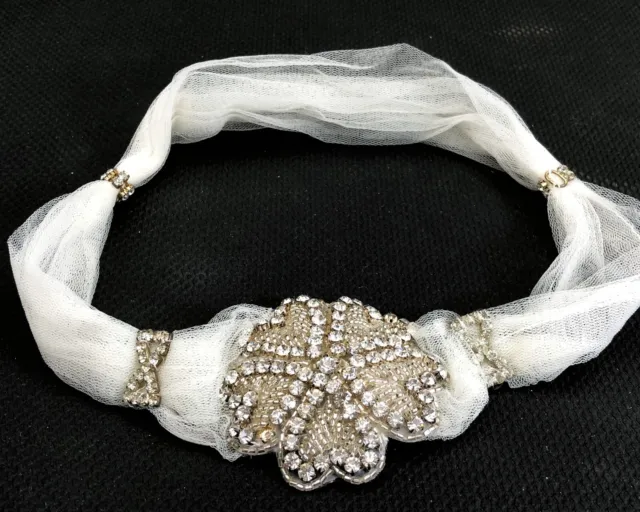 Vintage Style Bride White Tulle Headband Diamante Bows Bead Wedding Flapper