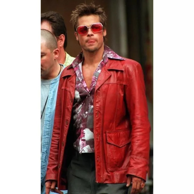 Mens Fight Club Brad Pitt Motorcycle Real Leather Jacket Coat