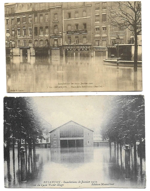 2 CPA carte postale ancienne Besançon inondations 1910 place de la Révolution