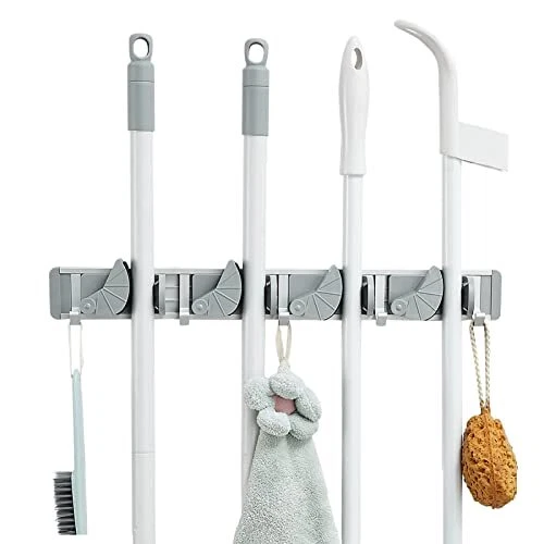 Wall Mount Mop and Broom Holder Garage Tools Organizer, 4 Positions, 5 Hooks