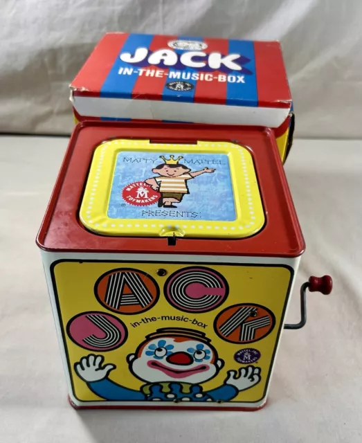 VTG 1968 Mattel JACK IN THE BOX Music Crank CLOWN Tin Toy w/ ORIGINAL BOX~WORKS!