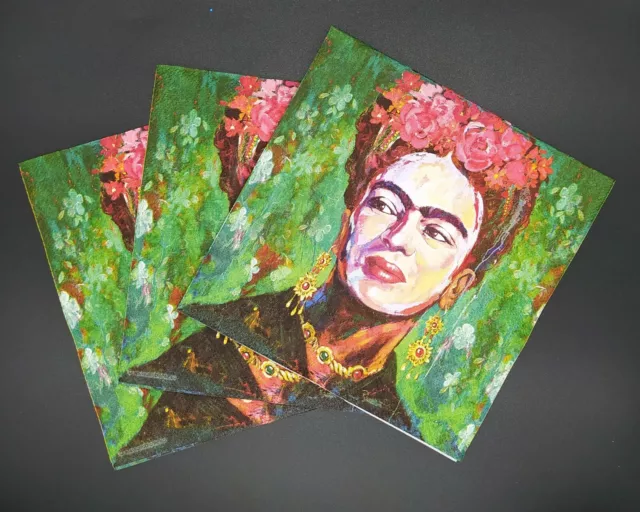 N948# 3 servilletas de papel individuales para pintura decoupage pintadas dama mujer Frida 3