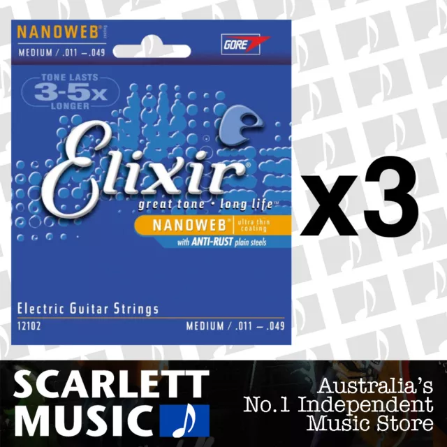 3x Elixir 12102 Electric Guitar Strings Nanoweb Medium 11-49 E-NW-M *THREE SETS*