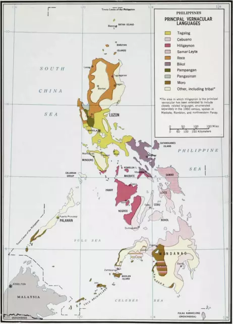 1964 Philippines CIA Map Principal Vernacular Languages Wall Art Poster Print