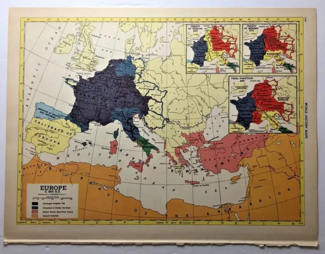 1950's Vintage EUROPE IN 800 A.D. Antique Atlas Map - Hammond's New World Atlas