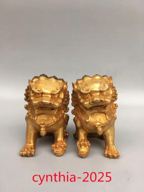 4.3"Old Chinese antiques Handmade Pure copper gilding A pair of lion statues