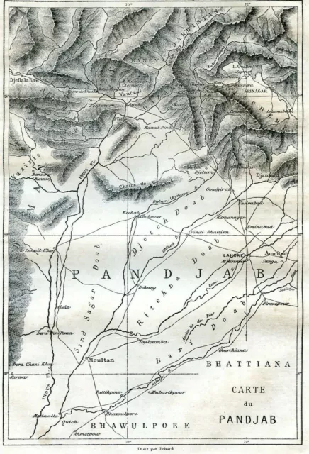 India, Punjab map....Antique engraving  1868