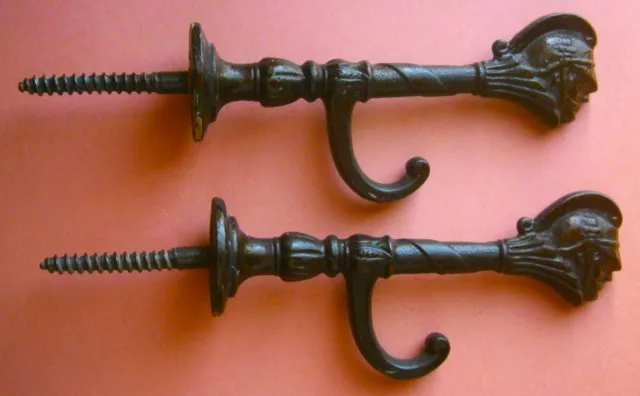 2 Antique Cast Iron Figural Coat Hooks with Head of German or Prussian Soldier