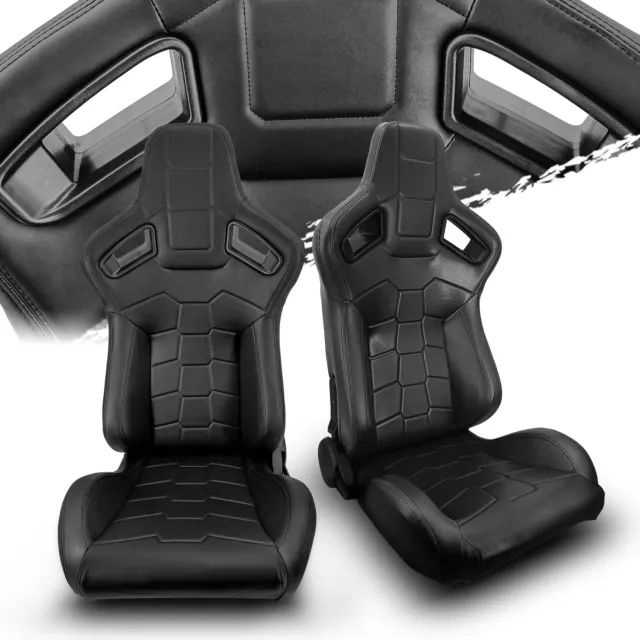 2 X Reclinable Black PVC Leather Main Left/Right Recaro Style Racing Seats