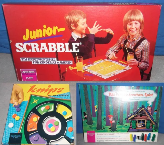 3x Spear Kinder-Spiele Junior Scabble, Knips - Flohspiel Waldmännchen 70/80