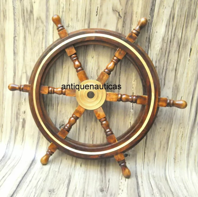 24"Brass Wooden Nautical Ship Steering Wheel Pirate Décor Wood Fishing Wall Boat