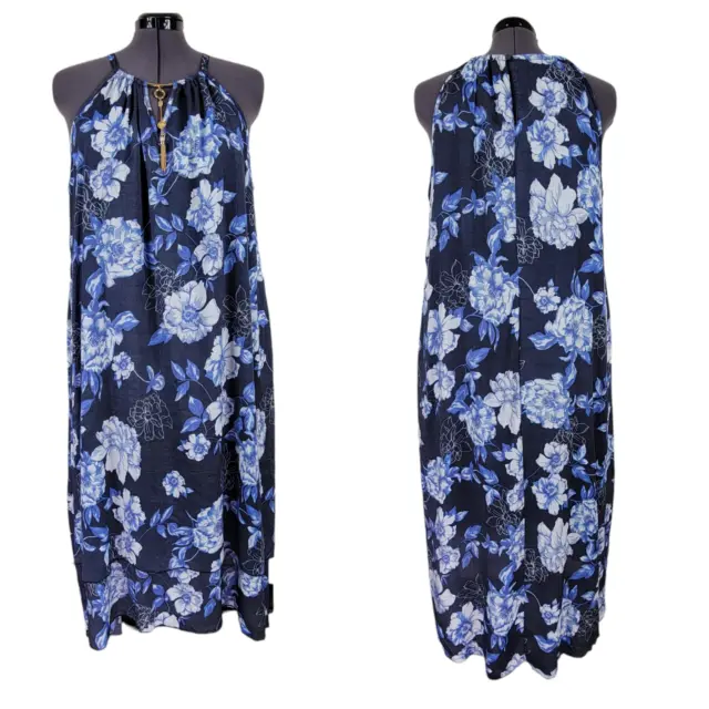 Mlle Gabrielle Maxi Dress Size 3X High Low Tiered Sleeveless Keyhole Blue Floral