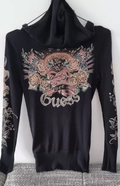 Guess Women's Knitted Black Hoodie Front Full Zip Tattoo Top Size S