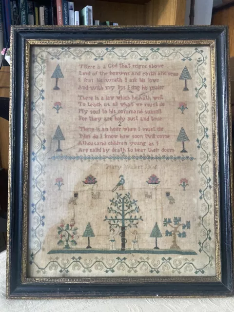 Early 19th Century Antique Verse & Motif Sampler By Mary Walker and Dated 1806