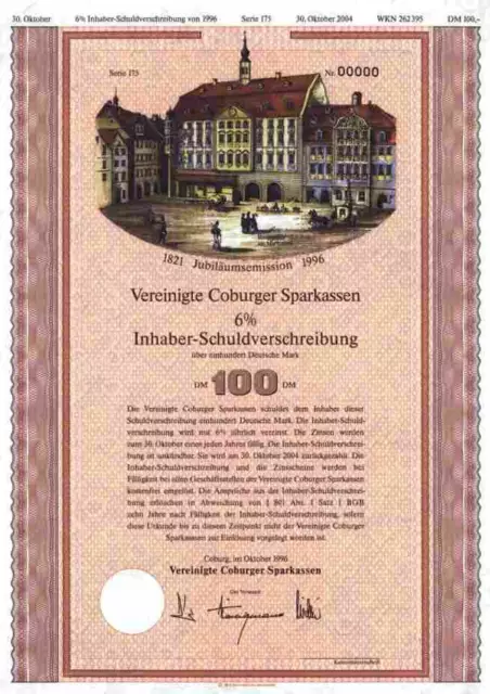 Vereinigte Coburger Sparkassen 1996 Coburg Oberfranken Schloß 100 DM Blankette #