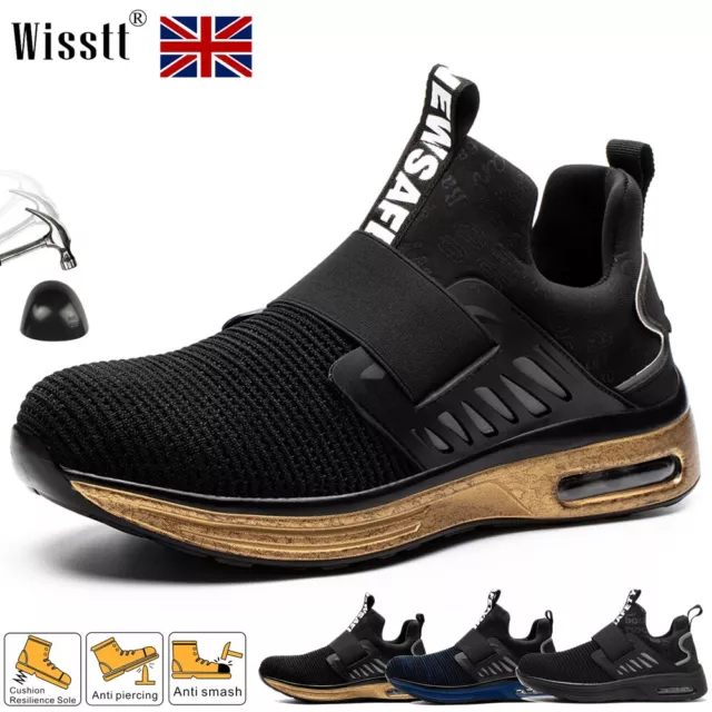 Mens Cushion Work Boots Womens Air Safety Trainers Slip on Steel Toe Cap Shoes