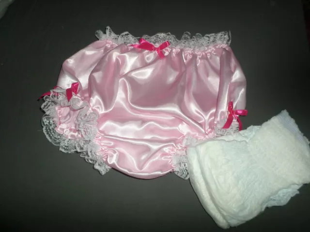 Adult Baby Sissy Pink Satin Pants  & 2 Pull Up Nappies Large White Lace Trim