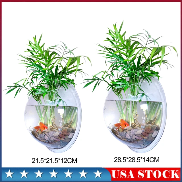 US Clear Wall Mounted Fish Bowl Aquarium Plant Tank Beta Goldfish Hanger Decora