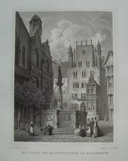 Hildesheim  Markt    seltener echter  alter Stahlstich 1840