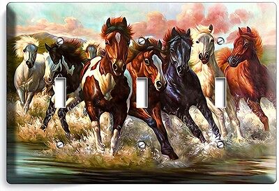 Wild American Horses Running In River Water Triple Light Switch Wall Plate Cover