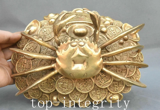 8.2'' Old China Dynasty Bronze Fengshui Wealth Yuanbao Money Coin Crab Statue
