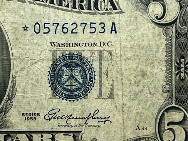 1953 Silver Certificate Five Dollar Bill Star Note *05762753A Boston Blue Seal