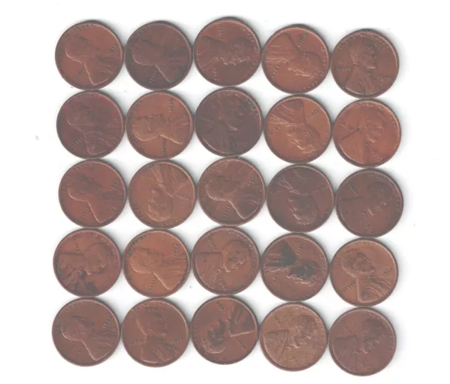 Mixed Half Roll (25 coins) of 1918-P/1919-P/1920-D Lincoln Wheat Cents. Fine.