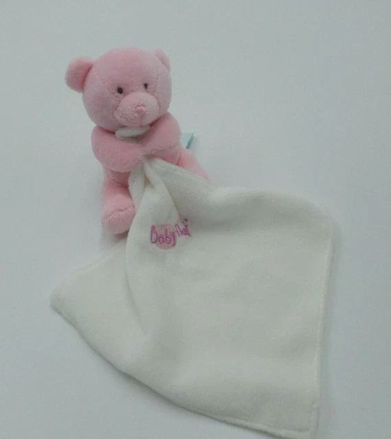 30 - Doudou Peluche Ours Rose Mouchoir Blanc Brode Babynat Neuf