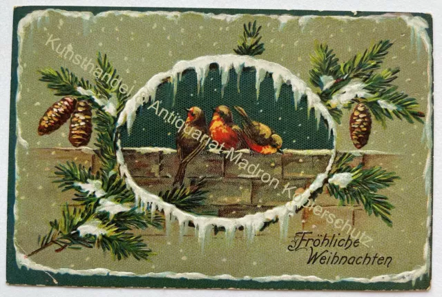 AK alte Postkarte Motiv Weihnachten Litho um 1908 Litho Prägekarte Vögel