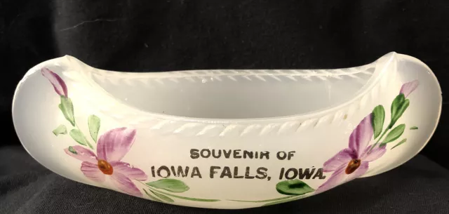 Souvenir of Iowa Falls Iowa Opaque Glass Canoe w/Hand Painted Purple Flowers EUC