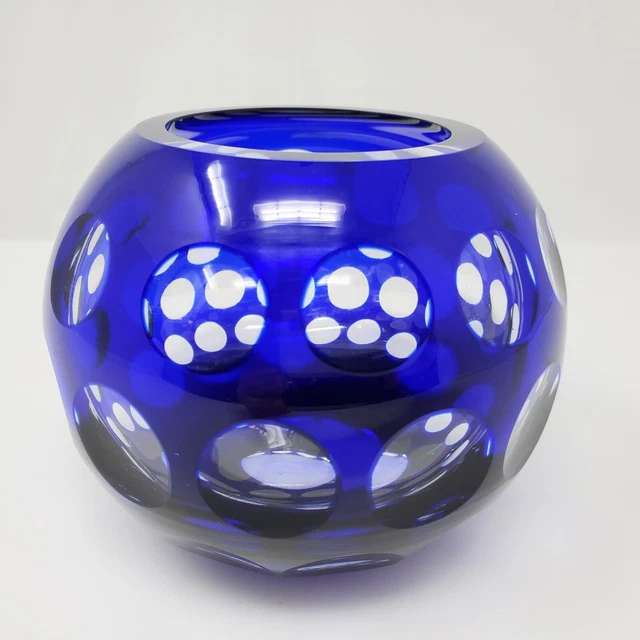 Vintage Bohemian Glass Cobalt Blue Cut To Clear Crystal Rose Bowl 4" Dish  VTG