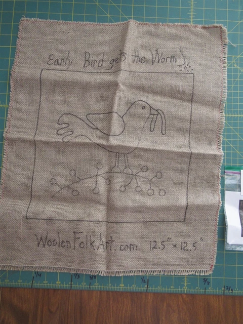 12.5" x 12.5"  Woolen Folk Art "Early Bird Gets The Worm" Rug Hooking Pattern
