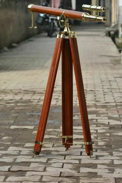 55'' Antique Solid Brass Double Barrel Floor Standing Maritime Telescope gift