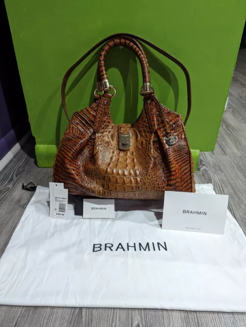 Brahmin women's Elisa satchel bag Toasted Almond Melbourne Croc embossed leather