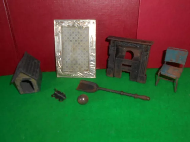 Lot of dolls house metal objects, Fireplace, dog kennel, chair, shovel, hinge,