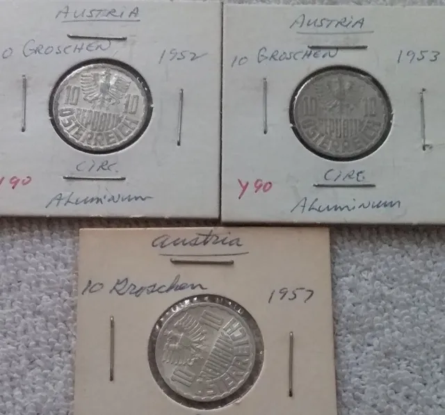 Austria 10 Groschen Lot of  3 Aluminum Coins-1952 1953 1957 KM # 2878