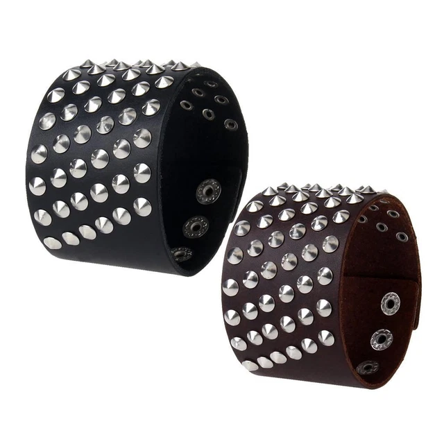 Bracelet Large En Cuir Gris Clouté - 4 Rangs De Clous Métal, Style Rock Punk Gothique