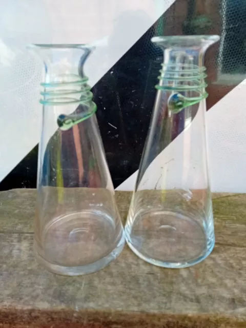 PAIR HAND BLOWN wine carafe/ vases GLASS GREEN DETAIL