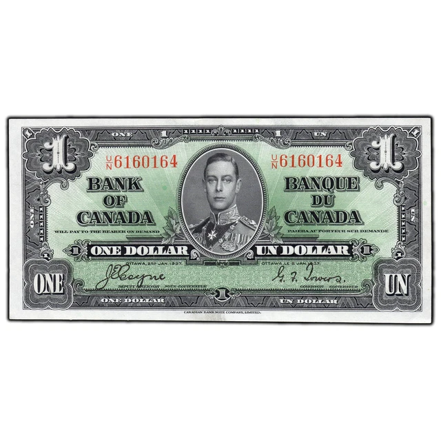 $1 1937 Bank of Canada Note Coyne-Towers U/N Prefix BC-21d - AU