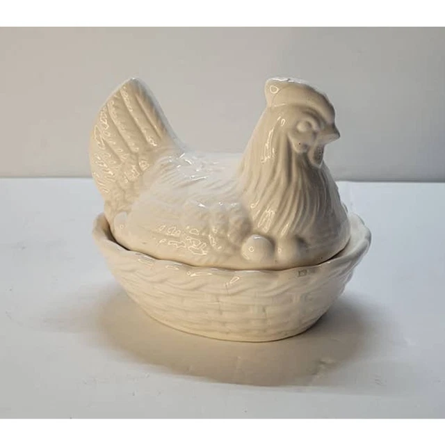 Vintage Chicken Sitting on her Nest of Eggs Basket